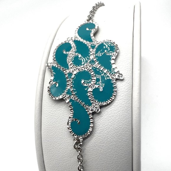 Sterling Silver 7 Inch Painted Enamel Turquoise Filigree Chain Bracelet NIP - Picture 10 of 12
